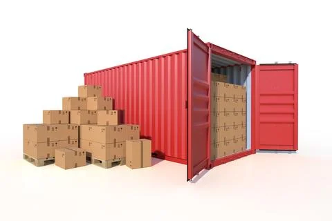 Cargo container and cardboard boxes isolated on white background Stock Illustration