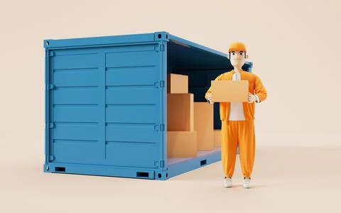 Cargo container and deliveryman, freight and export, 3d rendering. Stock Illustration