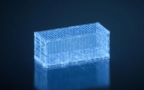 Cargo container with blue digital lines, freight and export, 3d rendering. 스톡 일러스트