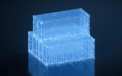 Cargo container with blue digital lines, freight and export, 3d rendering. 스톡 일러스트