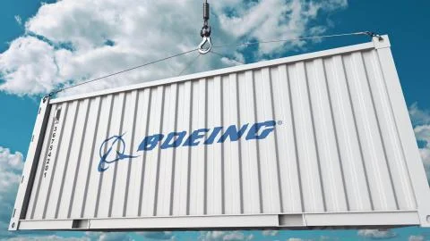 Cargo container with Boeing logo. Conceptual editorial 3D rendering Stock Illustration