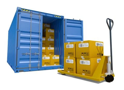 Cargo container with boxes and pallet trolley Stockillustratie