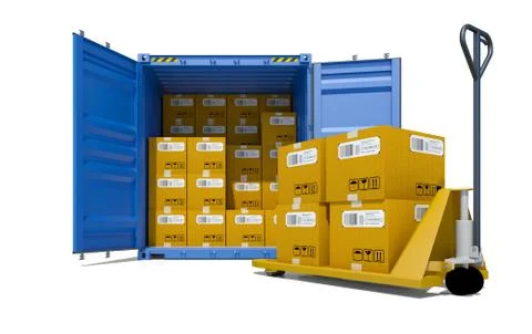 Cargo container with boxes and pallet trolley 스톡 일러스트