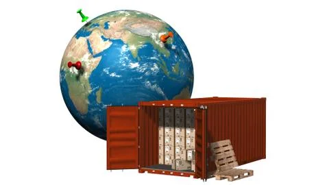 Cargo container with cardboard boxes and Earth globe - delivery concept Stock Illustration