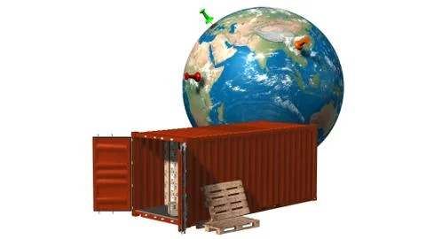 Cargo container with cardboard boxes and Earth globe - delivery concept Illustrazione stock