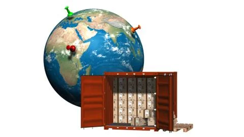 Cargo container with cardboard boxes and Earth globe - delivery concept Stock Illustration