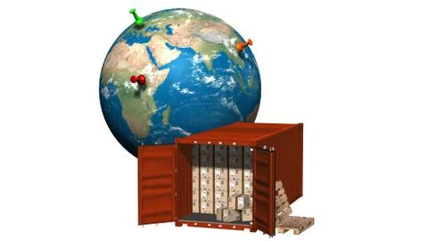 Cargo container with cardboard boxes and Earth globe - delivery concept Stock Illustration