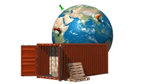 Cargo container with cardboard boxes and Earth globe - delivery concept Illustrazione stock