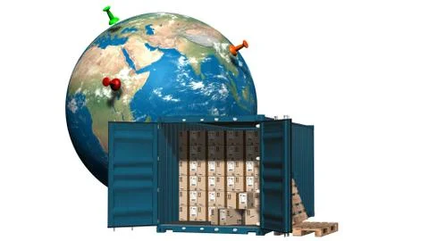 Cargo container with cardboard boxes and Earth globe - delivery concept Stock Illustration