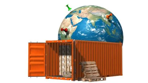 Cargo container with cardboard boxes and Earth globe - delivery concept Illustrazione stock