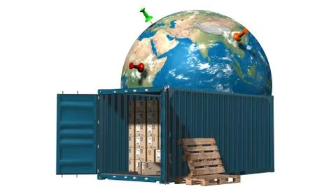 Cargo container with cardboard boxes and Earth globe - delivery concept Stock Illustration