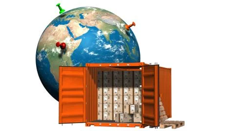 Cargo container with cardboard boxes and Earth globe - delivery concept Stock Illustration