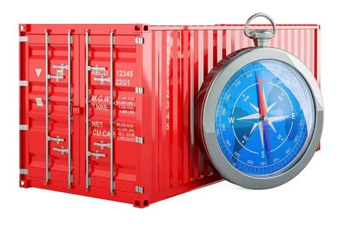 Cargo container with compass. 3D rendering Cargo container with compass. 3... Stock Photos