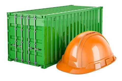 Cargo container with construction hardhat, 3D rendering Stock Illustration