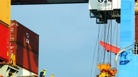 Cargo container crane loading ship 4k intro video for business Stock Footage 100037853