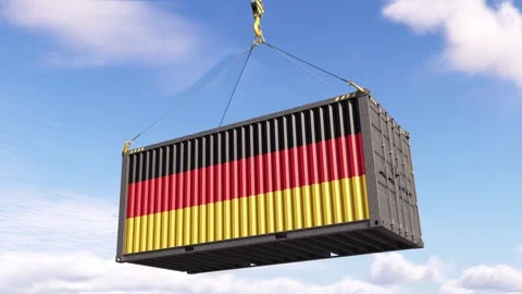 A cargo container featuring the national colors of Germany. 3D render Stock Footage 288999842