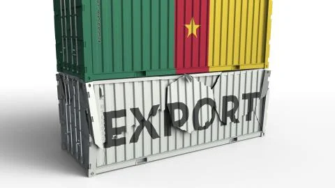 Cargo container with flag of Cameroon breaks container with EXPORT text Stock Illustration