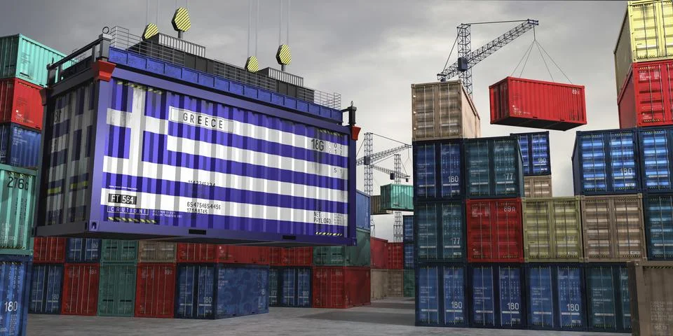 Cargo container with flag of Greece lifted by crane at freight terminal - 3.. Stock Illustration