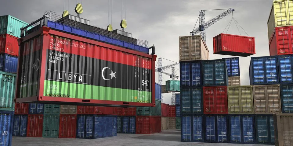 Cargo container with flag of Libya lifted by crane at freight terminal - 3D.. Stock Illustration