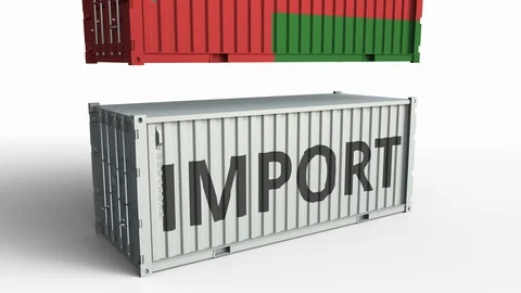 Cargo container with flag of Oman breaks container with IMPORT text. Conceptual Stock Footage 103554717