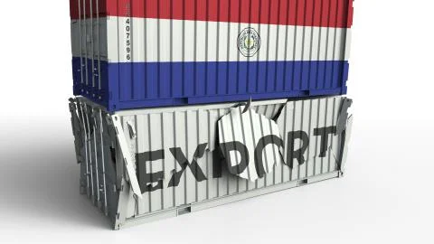 Cargo container with flag of Paraguay breaks container with EXPORT text Illustrazione stock