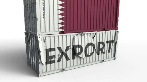 Cargo container with flag of Qatar breaks container with EXPORT text. Conceptual Stock Illustration