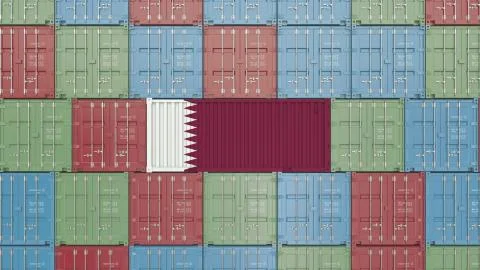 Cargo container with flag of Qatar. Qatari import or export related 3D rendering Stock Illustration