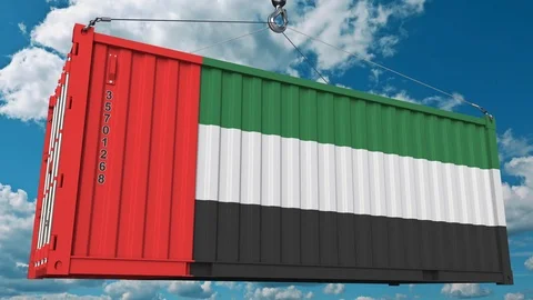 Cargo container with flag of the United Arab Emirates. UAE import or export Stock Footage 96350301