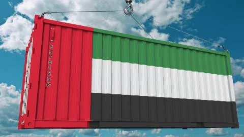 Cargo container with flag of the United Arab Emirates. UAE import or export Stock Illustration