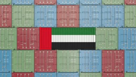 Cargo container with flag of the United Arab Emirates. UAE import or export Stock Illustration