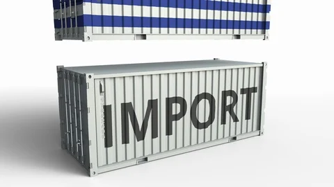 Cargo container with flag of Uruguay breaks container with IMPORT text Stock Footage 103538549