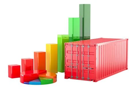 Cargo Container with growth bar graph and pie chart. 3D rendering Stock Illustration