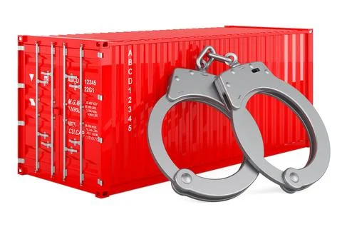 Cargo container with handcuffs. 3D rendering Stock Illustration