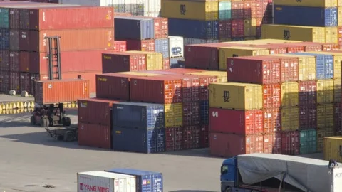 Cargo container handler carrying container terminal port. Seaport Vídeos de archivo 170656527
