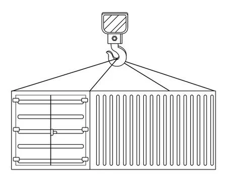 Cargo container hanging on a crane hook in black and white Illustrazione stock