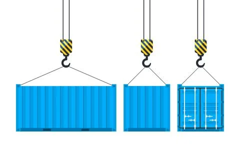 Cargo container hanging on a crane hook. Port crane. Worldwide delivery. Vector Stock Illustration