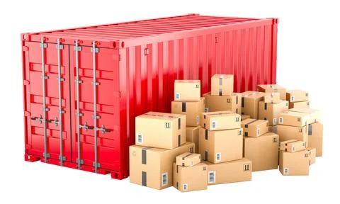 Cargo container with heap of cardboard boxes, parcels. Cargo shipping, conc.. Stock Illustration