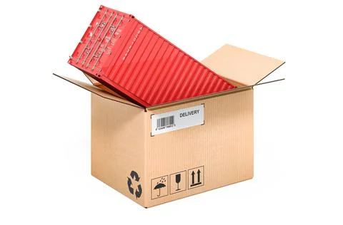 Cargo container inside cardboard box, delivery concept. 3D rendering 스톡 일러스트