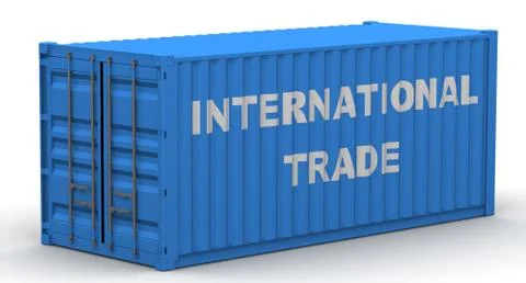 Cargo container labeled with text INTERNATIONAL TRADE 스톡 일러스트