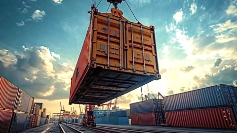 Cargo container loading onto a freight train Stock Footage 319603602