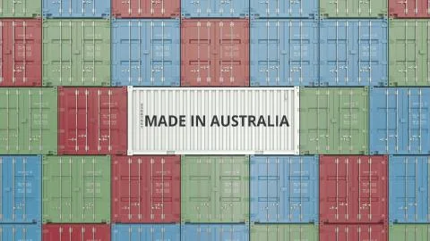 Cargo container with MADE IN AUSTRALIA text. Australian import or export related Stock Illustration