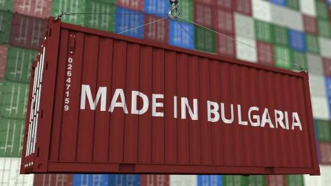Cargo container with MADE IN BULGARIA caption. Bulgarian import or export Stock Illustration