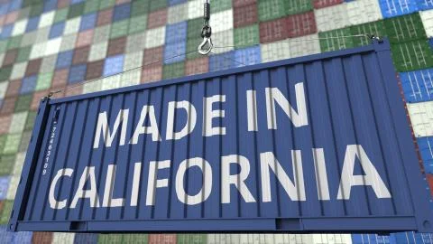 Cargo container with MADE IN CALIFORNIA caption. Import or export related 3D Stock Illustration