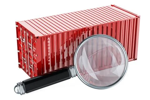 Cargo container with magnifying glass. Data search concept. 3D rendering Illustrazione stock