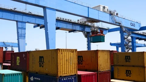 Cargo container port activity 4k intro video for business Stock Footage 91135378