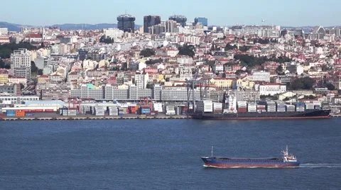 Cargo container port on the River Tagus in Lisbon Stock Footage 60604276