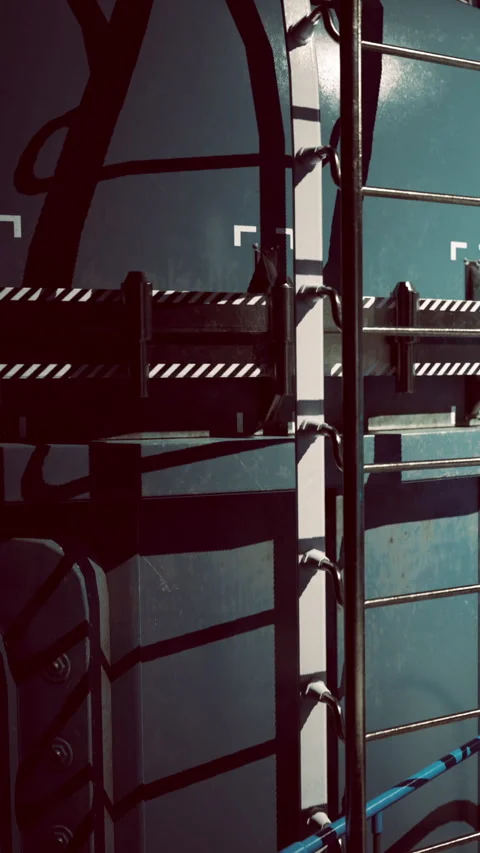 Cargo container with shadows and patterns in an industrial setting Stock Footage 342131027