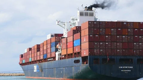 Cargo container ship air pollution 4K Stock Footage 105467233