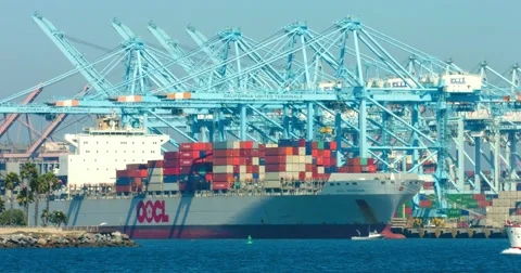 Cargo container ship and cranes during the heat wave in Los Angeles port 4K RAW Stock Footage 67818670