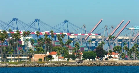 Cargo container ship and cranes during the heat wave in Los Angeles port 4K RAW Stock Footage